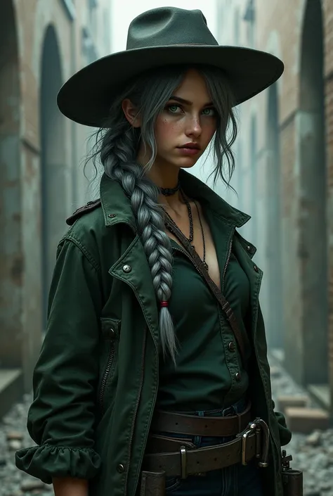 Girl with green eyes, grey plait, weapons dark lips and a cowboy hat