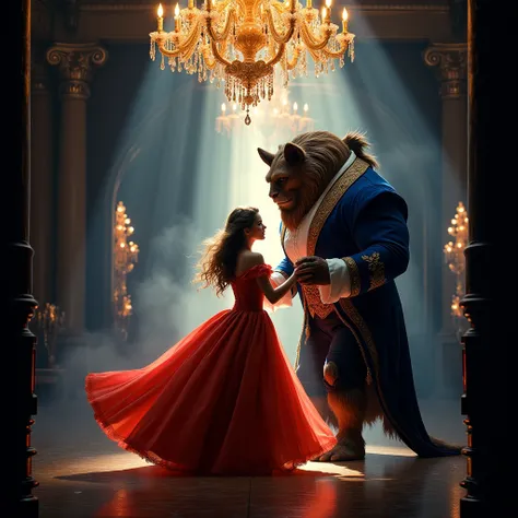 Craft a mystical and dramatic poster for "Beauty and the Beast." written at the bottom,  The Beast, with a fearsome yet sorrowful expression, stands in the shadows of a grand, enchanted ballroom. Beauty, dressed in a flowing, crimson gown, dances in the ce...