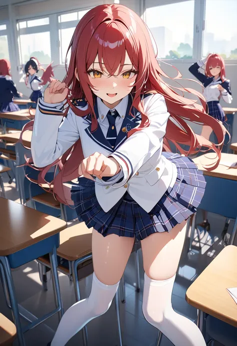 masterpiece,Highest quality,8k,uniform,classroom,high school student,Bold Pose,Big behavior,Shiny hair,Glossy skin,Japanese idol model,Use your charm:1.5,


