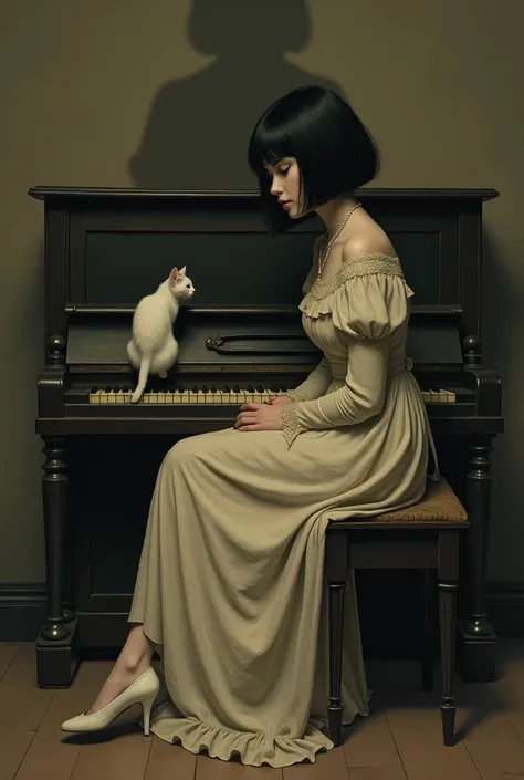 ((artwork)) ((photo style antigua)) ((Vintage style)) ((photo style)) ((old painting style)) girl short black hair, long vintage dress, White shoes, and a white bow, medium pale skin, a piano behind with low lighting, a small shadow behind the piano of a g...