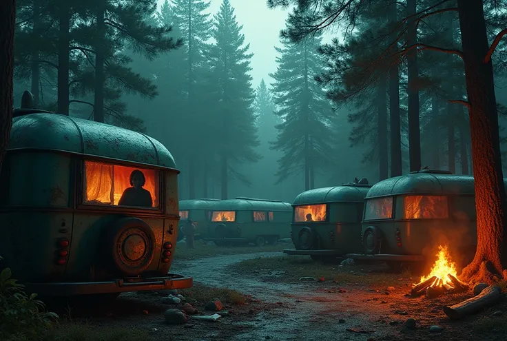 vintage caravans, camper vans, gypsy camp, intricate carvings, vibrant fabrics, half-moon, night setting, poor camp, pine forest, torn fabrics, trash, dim moonlight, silhouette faces looking from windows, fireplace, after rain, wet fabrics, wet ground, dog...