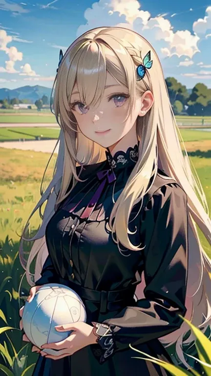 a blonde anime girl holding a white ball in tall grass in front of a green grassy meadow, 1girl, long hair, smile, purple eyes, dress, hair ornament, sky, breasts, outdoors, black dress, hair between eyes, looking at viewer, solo, blush, day, long sleeves,...