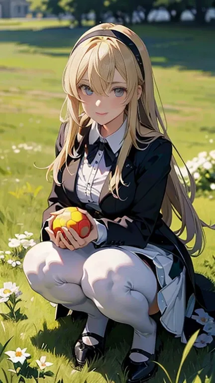 a blonde anime girl holding a white ball in tall grass in front of a green grassy meadow, 1girl, long hair, smile, purple eyes, dress, hair ornament, sky, breasts, outdoors, black dress, hair between eyes, an anime style image of a girl and her cat crouche...