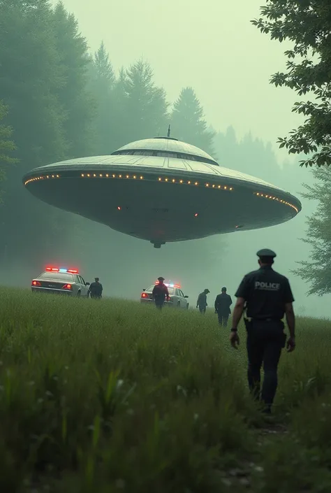 Generate image containing a classic extraterrestrial spaceship, police and police cars in a grassy area
