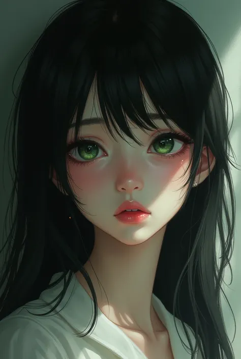  girl , green almond eyes, black, hair, skin white,  crying 