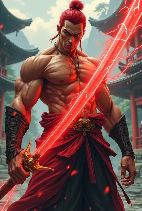 Homme de type asiatique manga cheveux rouge court musclé assez grand portent un énorme katana de couleur écarlate qui dégage de l’électricité avec une cicatrice sur le ventre possèdent d habilles traditionnelles de samouraï son regard est noir 
