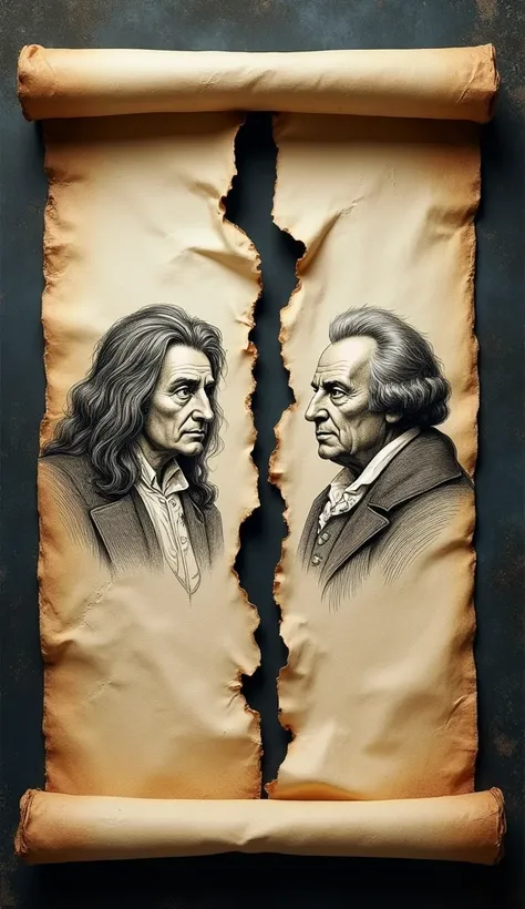 An old-fashioned paper scroll, torn down the middle, with Newton and Hookes faces sketched on opposite sides. The background is dark, and the paper is slightly burned around the edges, giving a feeling of conflict and destruction.