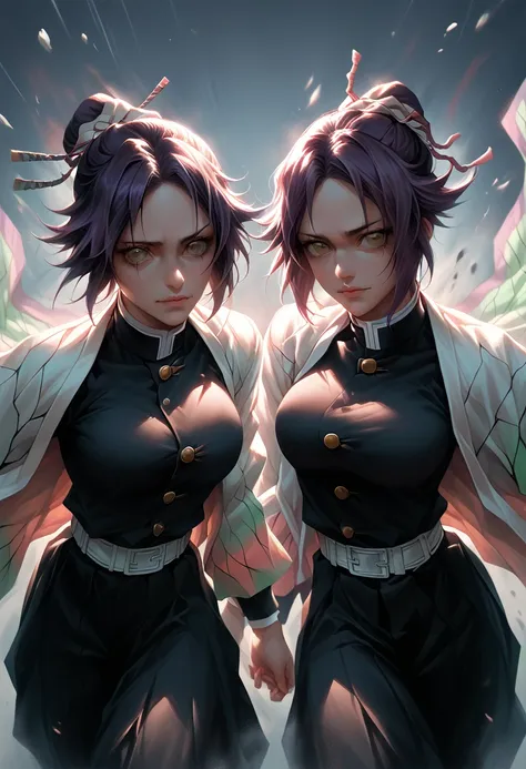 2women, duo, a beautiful detailed portrait of Shinobu from Demon Slayer and yoruichi from Bleach, incredibly detailed anime-style characters, gorgeous vibrant colors, intricate detailed clothing and accessories, dynamic action pose, complex detailed backgr...