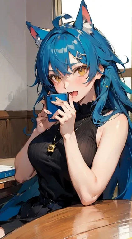 anime girl with blue hair holds up a phone while sitting on a table, 1girl, virtual youtuber, phone, solo, blue hair, skin fang, yellow eyes, cellphone, fang, long hair, hair ornament, blush, smartphone, bell, ahoge, selfiesexy fuckfuckfuck fuckoff bighip ...