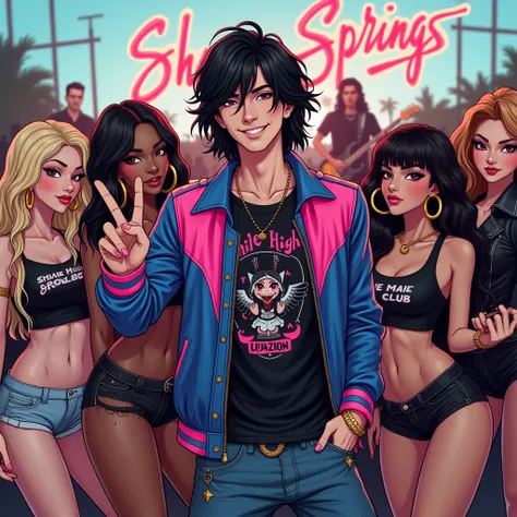 "Shane springs" big concert sign, thin male, white American teen boy 20 years old with medium length black hair, wears a black shirt with a horror comic figure print and a bright pink blue leather jacket, shaved, smirk, showing peace sign, 3 boys in the ba...