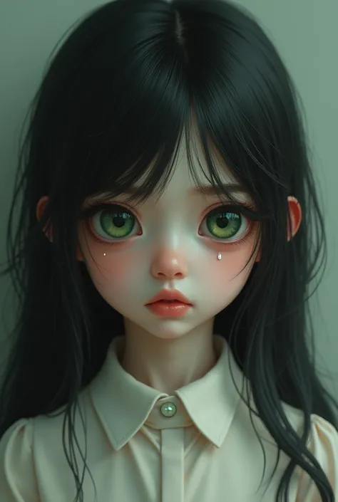  girl child , green almond eyes, black, hair, skin white,  crying 