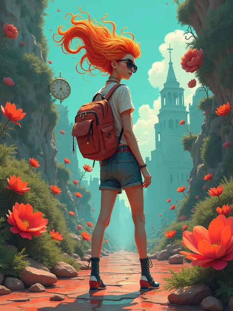 In an otherworldly dreamscape, a rebellious Vietnamese girl, with an edgy and unique style, stands amidst a surreal landscape. Her technicolor hair defies gravity, twisting and turning like a wild flame. The surroundings are a strange blend of floating clo...