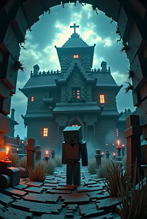 Create 360 VR image of a Minecraft in a horror house 