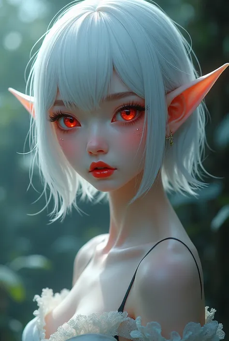  beautiful anime character Elf with short white hair red eyes (retinas) mouth with red lipstick 4k real