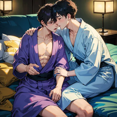 2boys、Boy、Shota、Young、Futon at night、kiss、yukata、Unbuttoned、Crotch touch、excited

