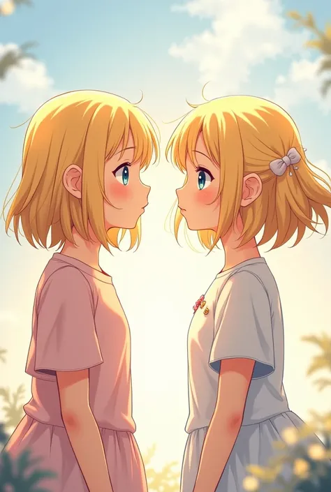 blonde twin girls, one with middle part hair cut and the other with long hair no fringe anime style

