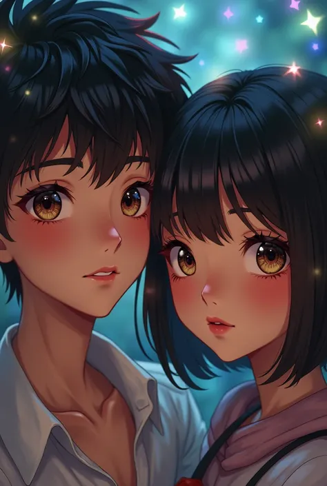 a young white anime boy with dark brown hair, and hazel eyes, standing close to a shorter girl with brown skin and black hair with brown eyes, detailed portrait, highly detailed, 1boy, 1girl, beautiful detailed eyes, beautiful detailed lips, extremely deta...