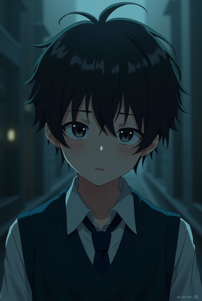 A high school boy in green is very sleepy, like someone who is sleepy all the time. The atmosphere is gloomy, dark tones, with slightly dark circles under his eyes. A boy&#39;s school uniform..End of an anime where the appearance is ordinary but quite hand...