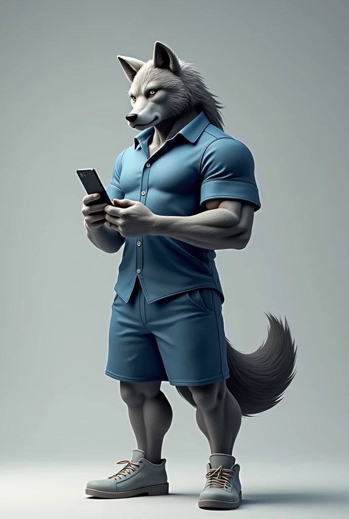 muscular wolf dressed in a blue shirt and shorts holding a cell phone in his hand 