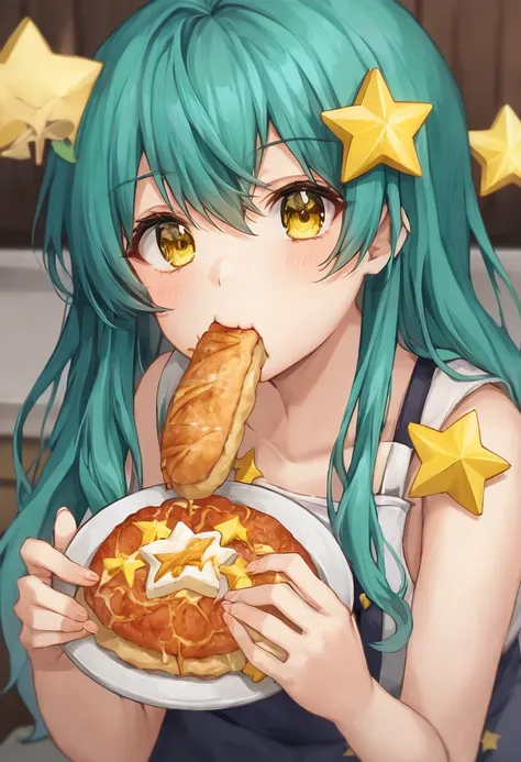 Girl with long dark turquoise hair, yellow eyes, yellow star pin in her head, visiting the South of Chile, eating "empanada" typical food of Chile.