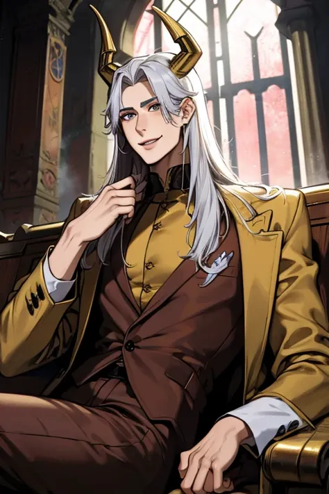 Perfect face. Perfect hands. A young silver haired man with golden eyes and golden horns in a cool suit is smiling while laying down on a pew in an abandoned church