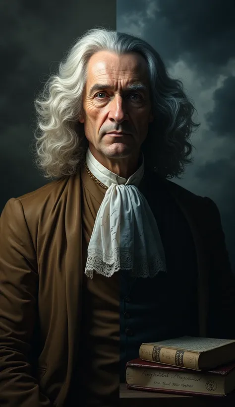 A portrait of Newton, half in light, half in shadow. The light side shows his intellectual brilliance, with books and equations, while the shadow side shows a more menacing expression, with dark storm clouds in the background.