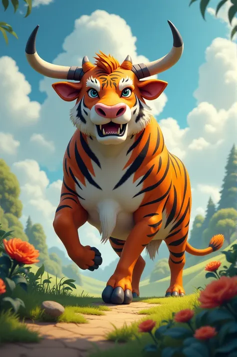 An animated image of a cross between a cow and a tiger 