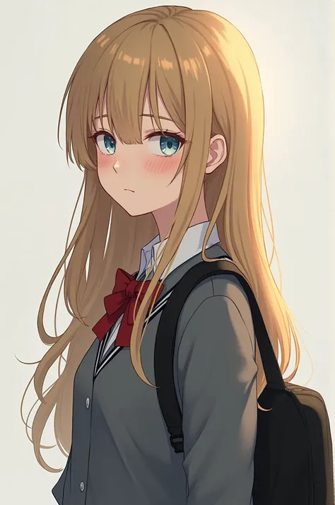 A woman named Graziele with long blonde hair, brown at the end, with a black backpack, very light blue eyes, with gray school clothes, white skin color, with freckles on her face.