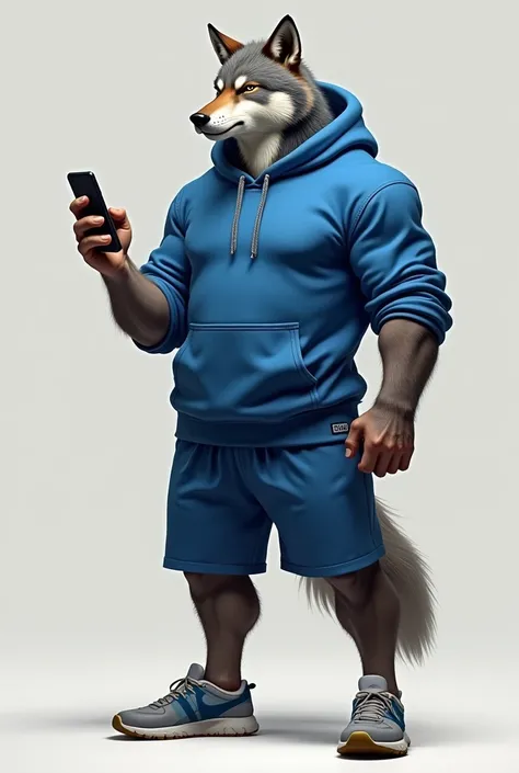 muscular wolf dressed in a blue sweatshirt and shorts showing a cell phone