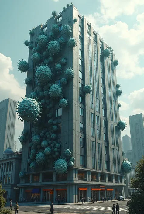 Realistic quality building with giant viruses on one of its walls