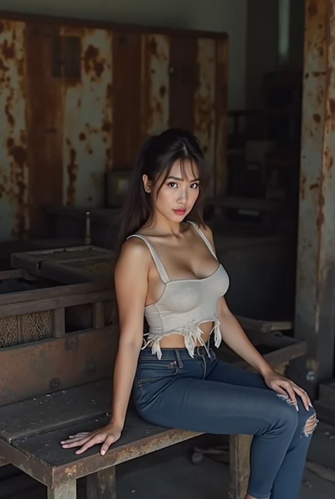 A beautiful sexy Thai woman working in old rusty factory and wearing torned clothes. Big boobs . Big ass. Realistic. Cinematic. High quality. High definition. 4k quality. 