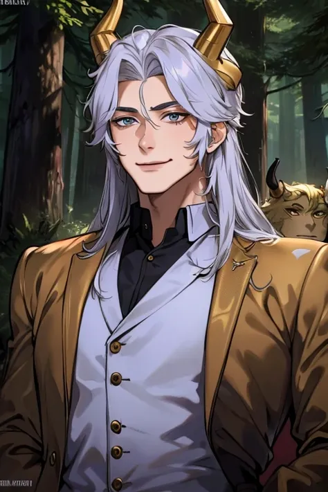 perfect face. perfect hands. a young silver haired man with golden eyes and golden horns in a cool suit is smiling while explori...