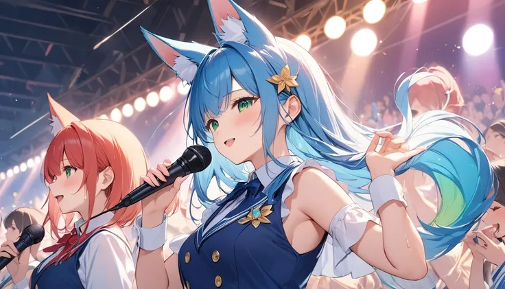 Highest quality、Highest quality、Ultra-detailed、Long blue hair, vibrant green eyes, fox ears, (masterpiece:1.2),Very absurd、4K,8k,Idols singing in front of an audience、Uniform-like outfit、Hold the microphone in your right hand、Left hand wide open、cute、Sing ...