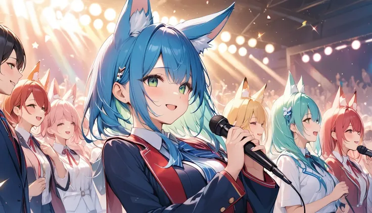 Highest quality、Highest quality、Ultra-detailed、Long blue hair, vibrant green eyes, fox ears, (masterpiece:1.2),Very absurd、4K,8k,Idols singing in front of an audience、Uniform-like outfit、Hold the microphone in your right hand、Left hand wide open、cute、Sing ...