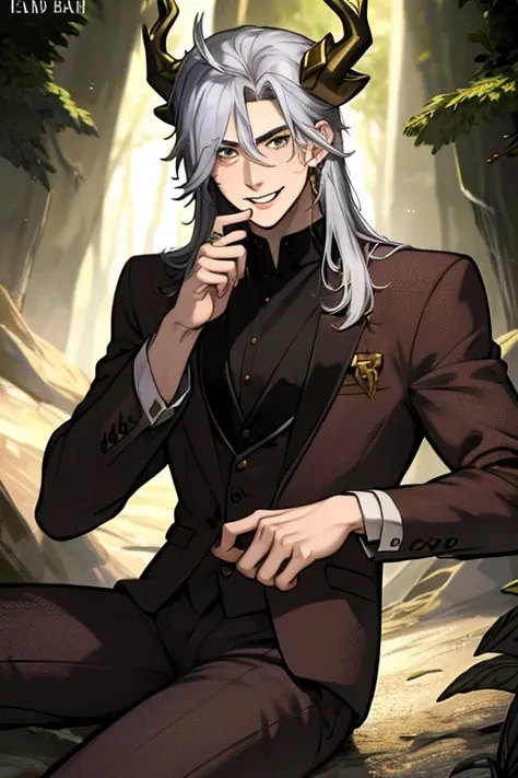 perfect face. perfect hands. a young silver haired man with golden eyes and golden horns in a cool suit is smiling while explori...