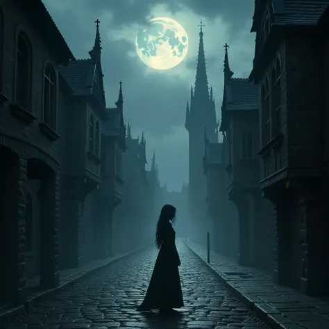 a medieval village at night, gothic, ((1 detailed girl standing in the village street)), detailed gothic architecture, old cobblestone street, full moon, moody cloudy sky, dramatic lighting, atmospheric fog, (cinematic,chiaroscuro lighting:1.2), ((eerie am...