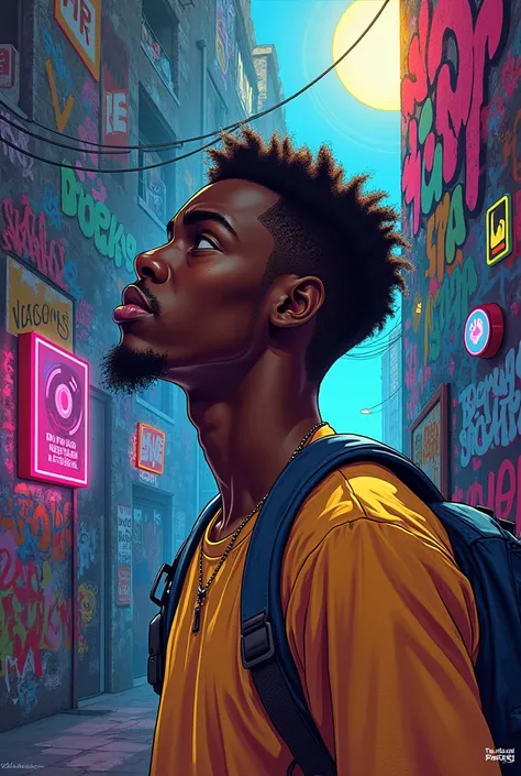 Make a drawing with graffiti, video game, musical study and ball, also with a young African man sitting and confused because of a feeling he feels for a girl and that he cannot live