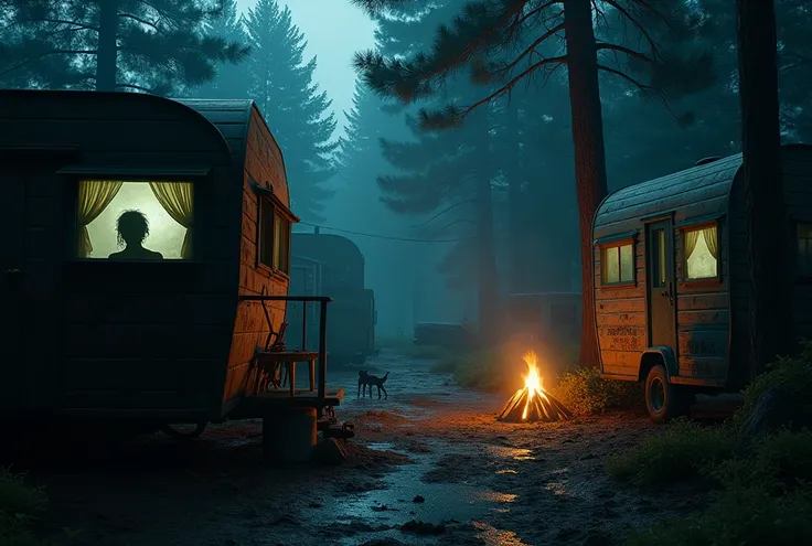 vintage caravans, camper vans, gypsy camps, half-moon, night setting, intricate carvings, vibrant fabrics, poor camp, pine forest, torn fabrics, trash, dim moonlight, silhouette faces looking from windows, fireplace, after rain, wet fabrics, wet ground, do...