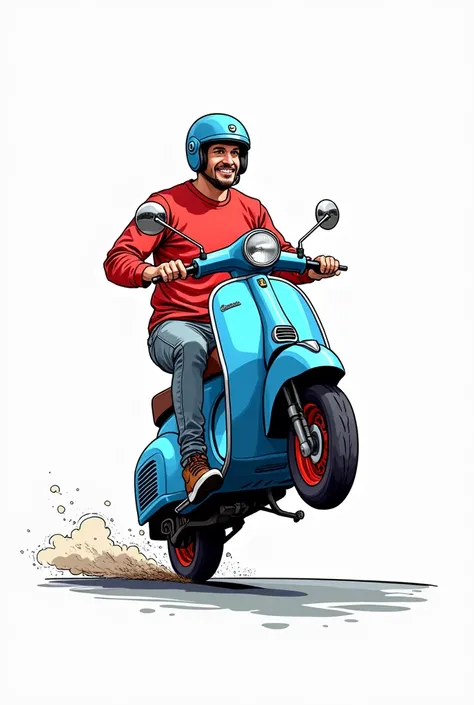 A man ใส่เสื้อแขนยาวสีแดง ใส่หมวกกันน็อค riding a new Vespa สีฟ้า ล้อสีแดง wheelie on the road. It is a cartoon image with black and white draft .