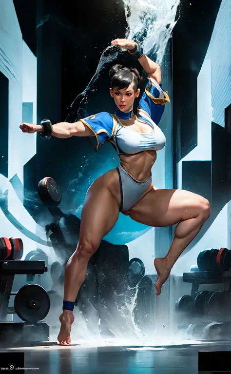 tall woman,  2 , white skin color , Bblack hair , big boobies , defined curves , bikini with deep plunging neckline, Chun-Li , Gym Scenario , Installation of.barefoot fight , one leg up (high qualiy) Masterpiece artwork ,  chun li Stf 6