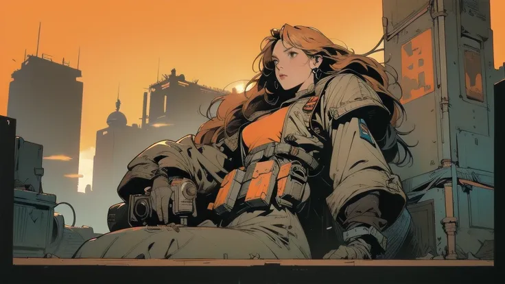 Run-down city, Battlefield, ruins, Gunsmoke fills, Broken giant robot, Orange sky, Dust, radiance, starry, from below, wide shot, cinematic lighting, blurry, Ultra-Wide Angle, best quality, 8k Long Hair, 1girl, 