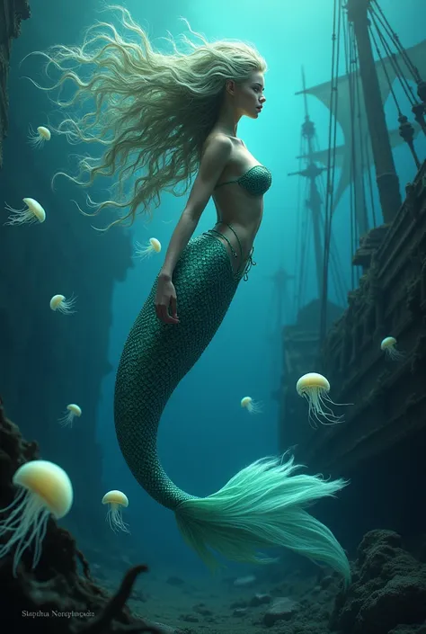 majestic mermaid with flowing hair made of seaweed, scales that shimmer in shades of blue and green, swimming gracefully in the deep ocean surrounded by glowing jellyfish and ancient shipwrecks