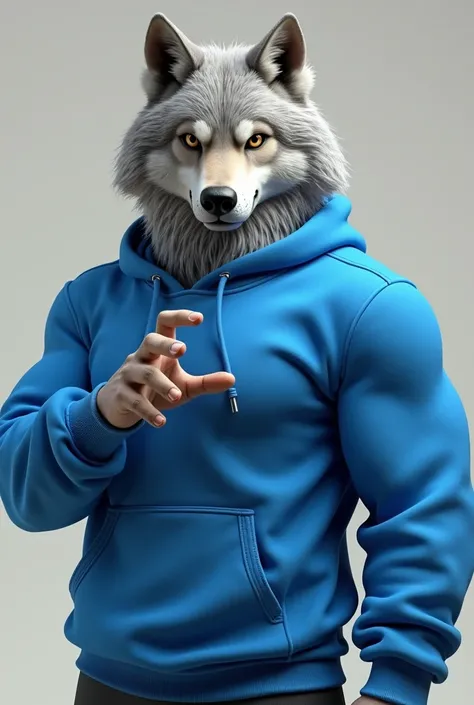 muscular wolf dressed in blue sweatshirt showing the palm of his hand
