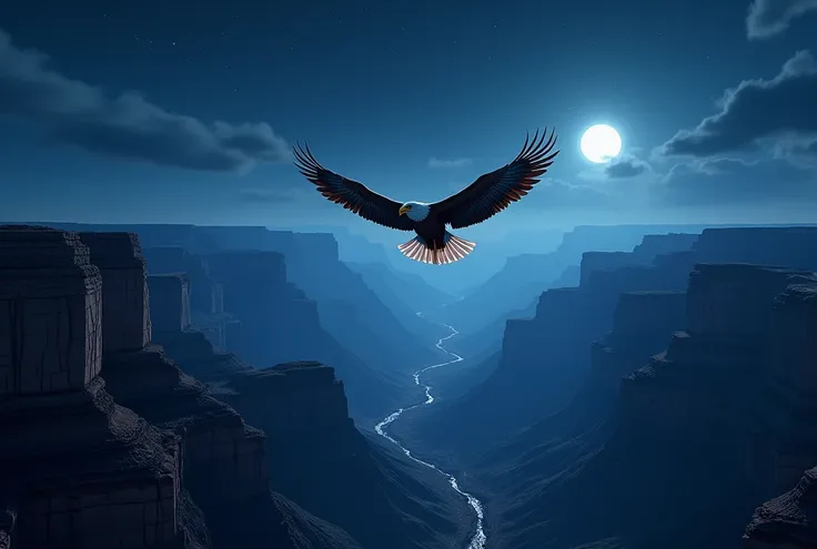 Create a stunning, AI-generated artwork of an eagle soaring above the Grand Canyon at night. The scene should capture the grandeur of the deep canyon under a dark, starry sky. The cool, moonlit hues should reflect off the eagle’s wings, creating a powerful...