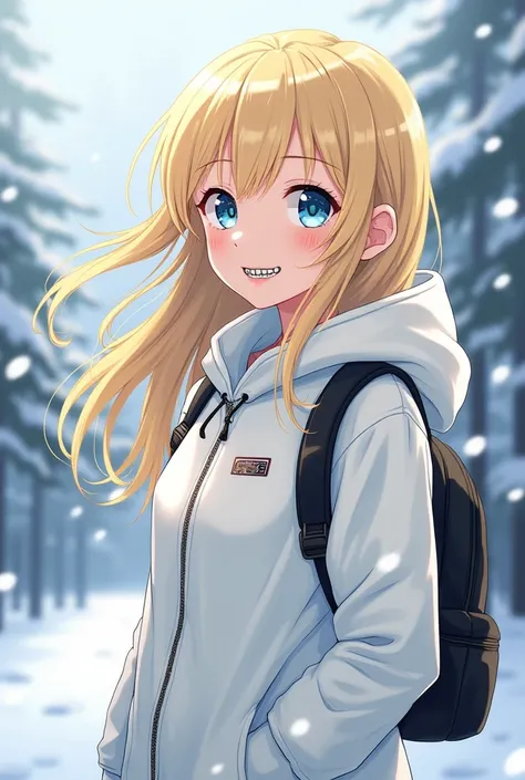 An Anime of a woman named Grazielly Santos Silva with long blonde hair, but at the end of the hair it&#39;s a little black, very light blue eyes, white skin color and with braces in his mouth and a black backpack on his back, and white cold weather clothin...