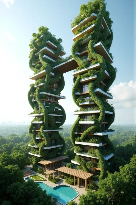 I need a high standard residential building, followed ecological concepts, having lots of greenery and large balconies. The structure will be two organic towers, with the separate elevator shaft connecting the two Towers 