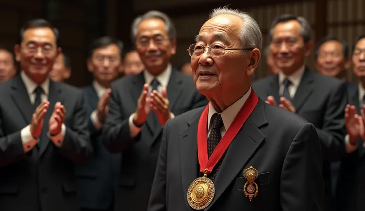 An Asian in his later years, receiving the Order of the Sacred Treasure at a formal ceremony in Japan. The scene reflects solemnity and respect, with Honda holding the medal as others applaud him.