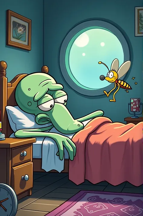 Squidward on a bed in his house, mosquito on the side bed table with a mic,circle window, bikini bottom