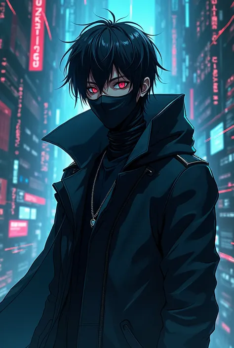 Black haired, black-masked anime man, surrounded by a world of code and programming.