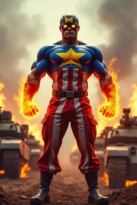 ((14 Corner Star Shape like Malaysia flag star.)) Yellow star in chest. Hero with M logo on helmet. Big muscle. Wear loose cargo pants. Red blue white yellow hero costume. Captain Malaysia. Mr Malaysia. Tan skin. Very handsome. Big bicep. Stand on tanks., ...